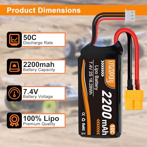 2S Lipo Battery 7.4V 2200mAh with XT60 Connector for 1/16 Slash RC Car