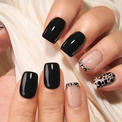 CurvLife Short Square Leopard Print Press On Nails, Black, Soft Gel - color: leopard print