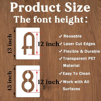 YEAJON 12 Inch Letter Stencils and Numbers, 42 Pcs Alphabet Drawing Stencils, Reusable Plastic Craft Templates for Painting on Wood, Wall, Fabric, Rock, Signage - size: 12 Inch