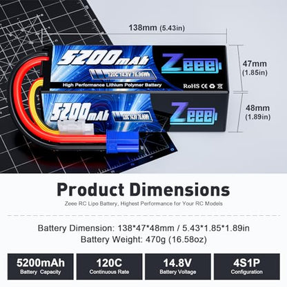 Zeee 4S 5200mAh Lipo Battery 14.8V 120C RC Battery Hard Case with EC5 Plug for RC Car 1/10 Scale Racing Truck Crawler Monster RC Car Boat(2 Pack)