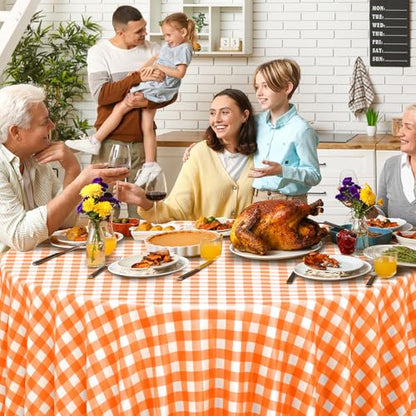 3Pcs Orange Gingham Tablecloths Round, Fall Checkered Table Cover 54x108 In - color: Orange-round