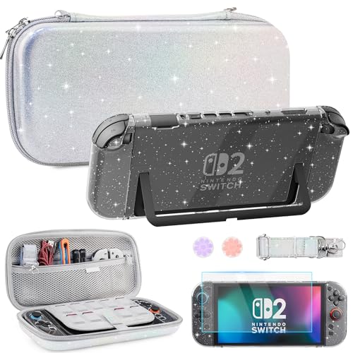 FUNDIARY Travel Carrying Case for Nintendo Switch 2 with Silver Glitter Design, Portable Accessories with Clear Glitter Protective Dockable Cover, Screen Protector, Shoulder Strap and 2 Cute Thumb Cap - color: Silver Giltter