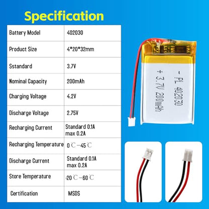 402030 3.7V Lipo Battery 180mAh 402030 Rechargeable Lithium - size: 402030 180mAh