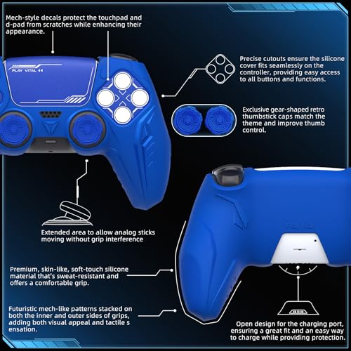 PlayVital Silicone Skin Set for PS5 Controller - Charging Dock Compatible, Full Protection Case with Futuristic CyberMech Design, Soft Cover with Thumb Grips & Stickers - Blue - color: Blue