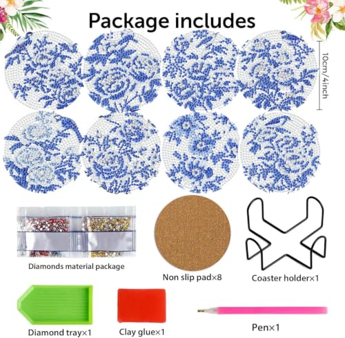 8 Pack Diamond Art Coasters, Blue Flowers Diamond Painting Coasters - color: Blue Flowers Coasters