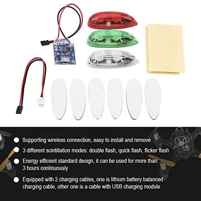 3PCS RC Plane Wireless LED Light Kit for Airplane Aircraft Helicopter Fix Wing Quadcopter, Water Droplet Shape Double/Quick/Flicker Flash Drone Lights, Green White LED Flashing