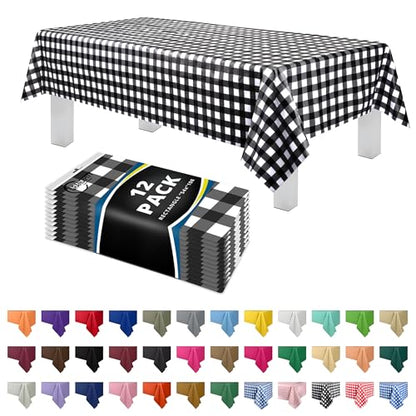 Grandipity Plastic Table Cloth Disposable 12 Pack 54” x 108” Rectangle - color: Black Gingham, size: 54in. x 108in. Rectangle