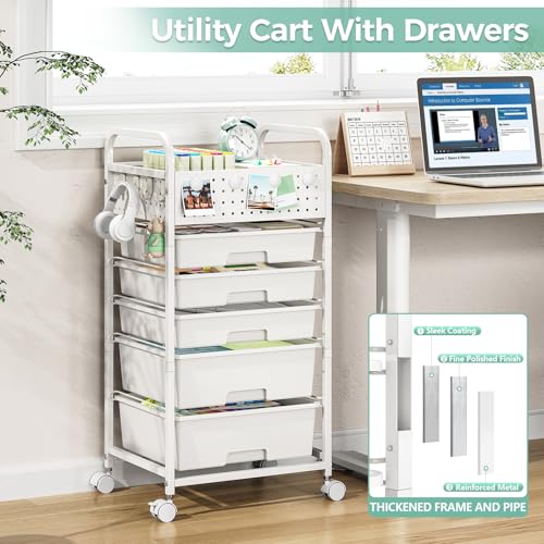 5 Drawer Rolling Storage Cart with Pegboard Top and Hooks, White - color: White, size: 5-Drawers