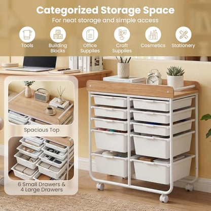 DREAMADE Rolling Storage Cart, 10-Drawer Utility Cart with Tabletop, White - color: White
