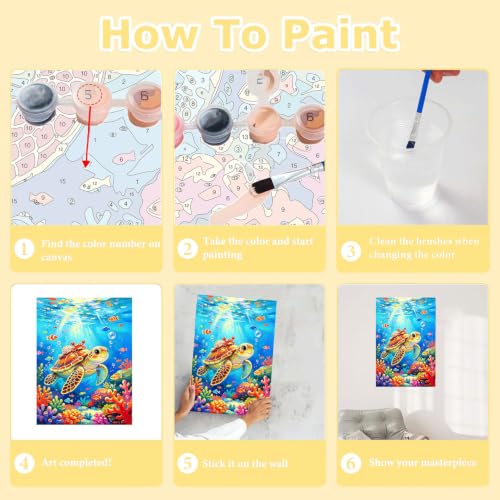 HITO Sea Turtle Paint by Numbers Kit for Kids with Frame Easel 8x12 inch - color: Cute Ocean Turtle