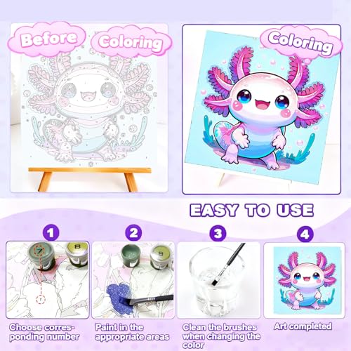 Gemozaic Axolotl Paint by Numbers Kit for Kids with Frame & Easel, 8x8 in - color: BKH2333