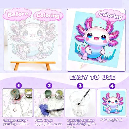 Gemozaic Axolotl Paint by Numbers Kit for Kids with Frame & Easel, 8x8 in - color: BKH2333