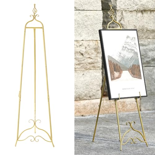 Gold Easel Stand for Sign 58.5” H Metal Large Adjustable - color: Openwork Orb Top