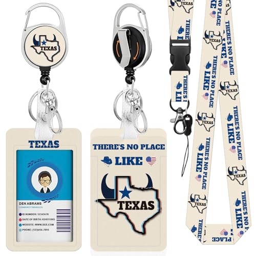 Texas ID Badge Holder with Lanyard, Texas Retractable Reel Clip & Keychain - color: Texas