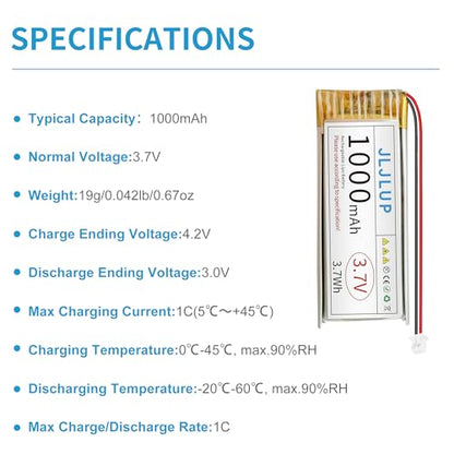 4Pcs 3.7V 1000mAh LiPo Battery 1S 1C Rechargeable Lithium Polymer Batteries with Dual Protection Board Pack with PH 2.0mm Connector for Electronic Device