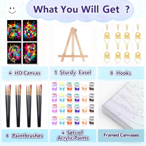 Gemozaic 4 Pack Paint by Numbers Kit for Kids Ages 8-12 with Frame & Easel - color: BKH2999-3002