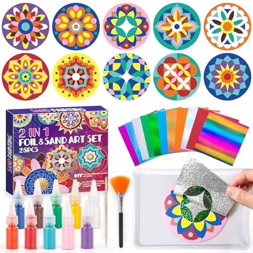 Foil Fun & Sand Art Kit for Kids, 2 in 1 Mandala Foil Arts and Sand Painting Pictures Coloring Kits, DIY Crafts Gifts for Girls and Boys Ages 4-8 - color: Foil Fun & Sand Art
