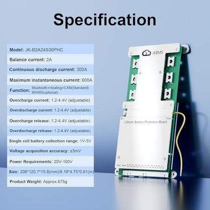 JKBMS JK-B2A24S30P-HC 8S-24S 300A BMS, 2A Active Balancing, CAN & Heating - size: JK-B2A24S30P-HC