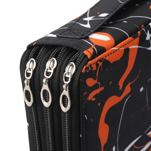 Canvas 120 Slots Pencil Case 3-Layer Zipped Holder w/Handle - color: Orange Splash Ink, size: 120