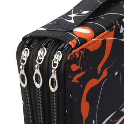 Canvas 120 Slots Pencil Case 3-Layer Zipped Holder w/Handle - color: Orange Splash Ink, size: 120