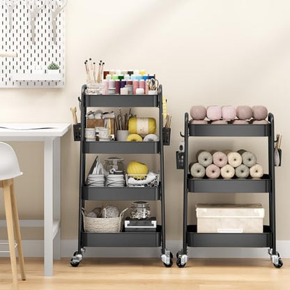 TOOLF 4 Tier Rolling Cart, Metal Utility Storage Cart with Pegboard, Black - color: Black, size: 4-Tier