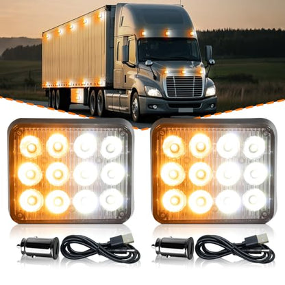 2PCS Rechargeable Flashing Lights, Magnetic Strobe Hazard Lights - color: Amber&White