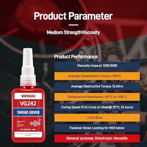 VIKAGU 242 Blue Medium Strength Removable Thread Locker - Thread Glue for Screws -Anaerobic Blue Locktight - Thread Lock for Metal Bolts,Nuts - 1.69Oz/50ml - style: $8.99/50ML