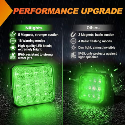 Nilight Magnetic Strobe Lights 2PCS Green 12 LED Rechargeable Warning - color: 12LED 18Modes Green