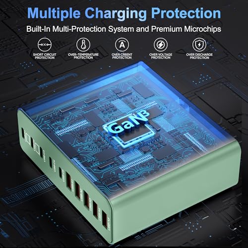800W USB C Charger Block,10-Port Charging Station - color: Green