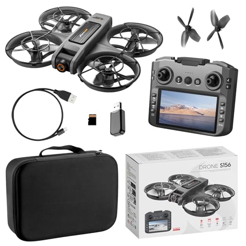 ikaufen S156 Brushless Drone with Dual Camera, Optical Flow Hover, 90° Adjustable Lens, 50X Zoom, 12.5cm Screen Remote Control, LED Night Lights, RC Quadcopter for Beginners (S156 Big screen control (Dark grey)) - size: S156 Dual Camera Big Screen Control