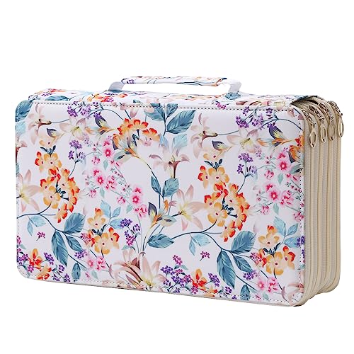 300 Slots Pencil Case 4-Layer Zipped Holder w/Handle - color: White + Flower, size: 300