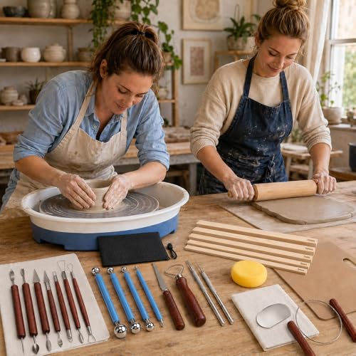 34Pcs Clay Sculpting Tools Include Clay Pottery Carving Tool Wood Rolling Pin Portable Wedging Board Linen Tablecloth 5 Size Teaching Rolling Mud Stick Guide for Crafts Arts Ceramics Pottery Tools