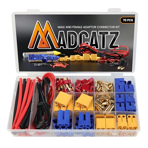 70 Pcs MADCATZ T-Plug EC3 EC5 XT60 XT90 Male & Female Connector Adapters with 14awg Silicone Wire and Heat Shrink Tubing for RC ESC Lipo Battery Motor Accessories (Pack of 70 PCS) - color: 70pcs (T-plug, XT60, XT90, EC3, EC5)