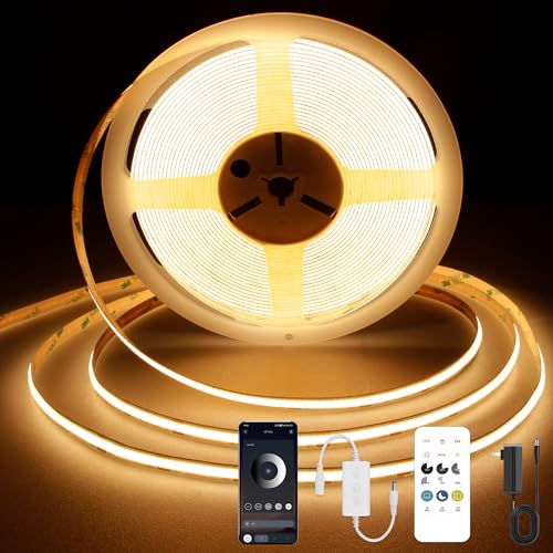 COB LED Strip Light 2700K, 24ft Dimmable Warm White LED Strip Light, CRI92+, DC24V Tape Light with RF Remote Timer Function, Bluetooth App Control for Home Bedroom Kitchen DIY Lighting. - color: 2700K, size: 24FT