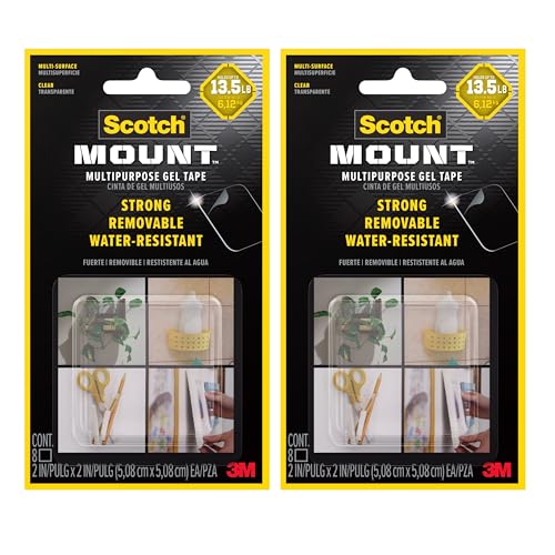 Scotch-Mount Multipurpose Gel Tape Squares, Double-Sided Removable Mounting, 2-Inch Clear Squares, 16 Total (2 Packs of 8), Holds Up to 20 lbs, Water-Resistant & Weatherproof - style: 16 Count
