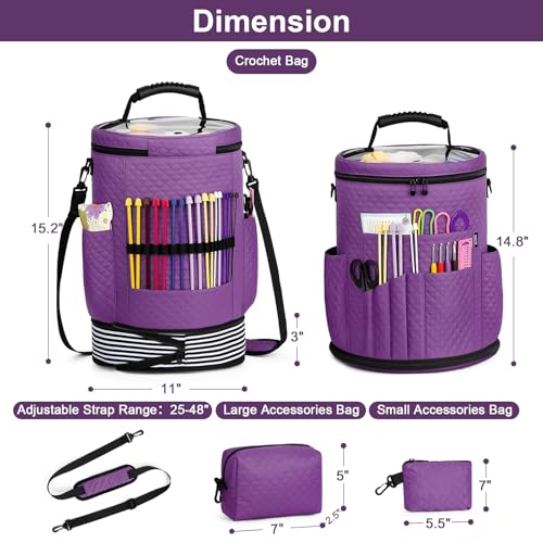 Crochet Yarn Knitting Bag 3PCS Expandable Large Yarn Storage Organizer Bag - color: Purple