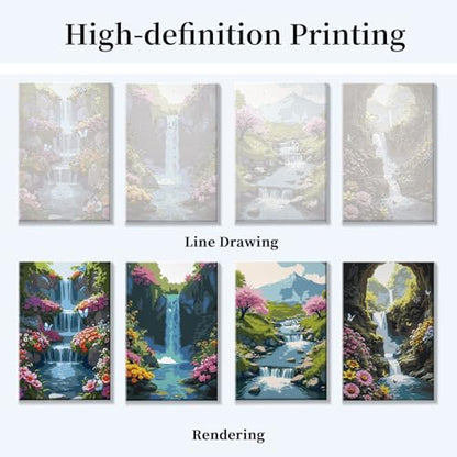 JOOZ 4 Pack Paint by Numbers Kit for Adults Framed, Waterfall, 8x12 Inch - color: Waterfall Landscape 030