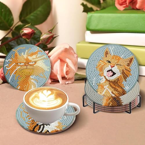8 PCS Diamond Art Coasters Kit for Adults,Fun Cat Diamond Painting Coasters - color: Cat-1