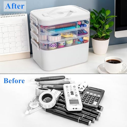 Tebery 4 Tier Plastic Craft Storage Organizer, Clear Stackable Arts Supply Box with Removable Tray, Portable Bead Jewelry Sewing Tool Container Case with Handle, Ideal for Home Studio Travel