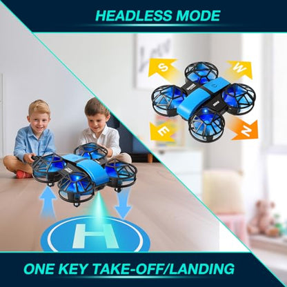 Blue Mini Drone for Kids, Indoor & Outdoor RC Quadcopter, Full Propeller Guards, LED Light, 3D Flips, One Key Start, Headless Mode, 2 Rechargeable Batteries, 21 Mins Total Flight Time, Toy Gift for Boys and Girls(2K-HD)