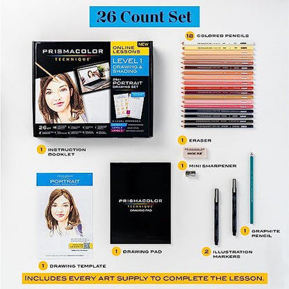 Prismacolor Technique Art Supplies & Digital Art Lessons, Portrait Drawing Set Level 1, 26 Count - Creative Activity, Learn to Draw, For Beginner Artists