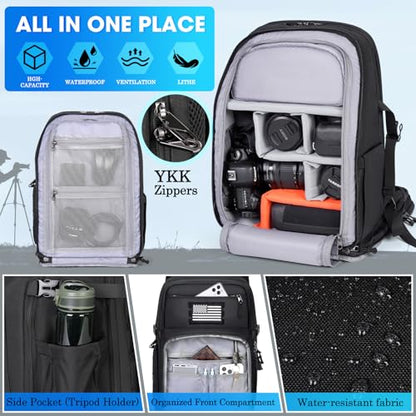 SDYSM Waterproof Camera Backpack 15.6 Inch,Camera Bags for Photographers - color: Black