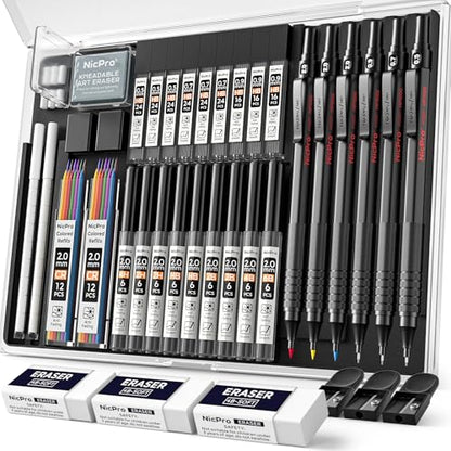 Nicpro 35PCS Metal Mechanical Pencil Set, Art Supplies with Case - color: Black