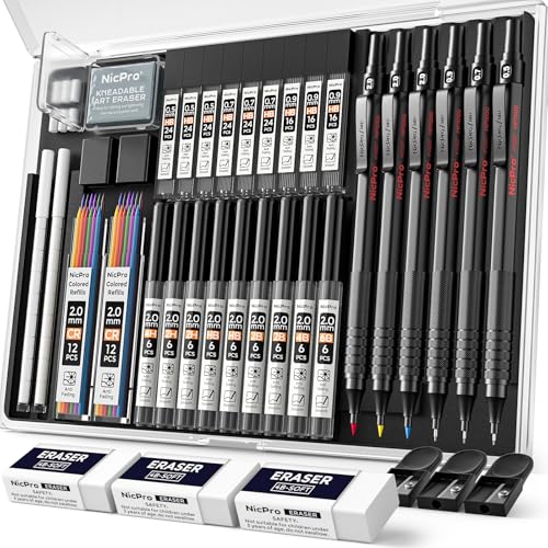 Nicpro 35PCS Metal Mechanical Pencil Set, Art Supplies with Case - color: Black