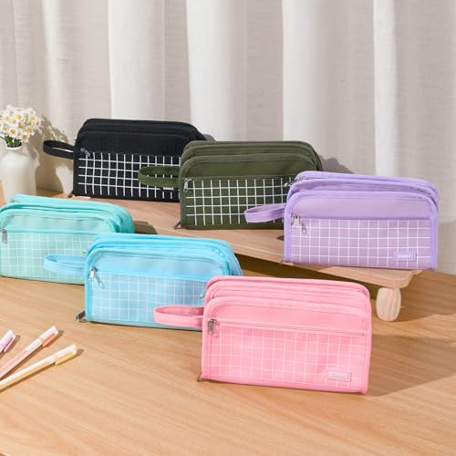 Sooez Big Pencil Case, Pencil Pouch, Pencil Bag, Pencil Box,Celadon & Plaid - color: Celadon with Plaid