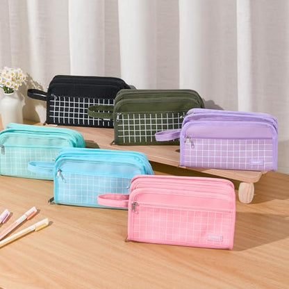 Sooez Big Pencil Case, Pencil Pouch, Pencil Bag, Pencil Box,Celadon & Plaid - color: Celadon with Plaid