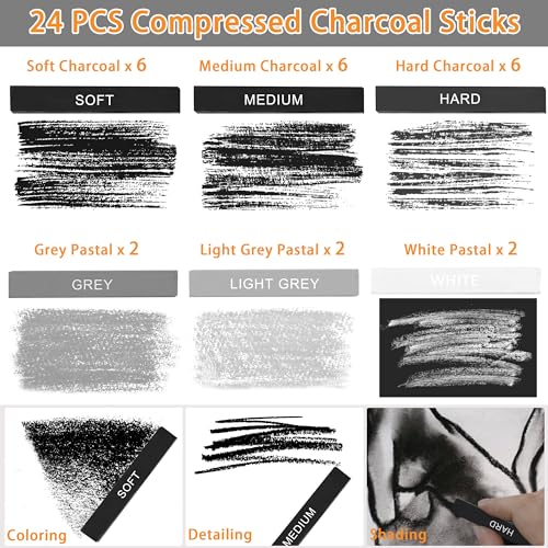 24 Pcs Compressed Charcoal Sticks, 25 Pcs Willow Charcoal Sticks Pencils for Sketching, Drawing, and Shading