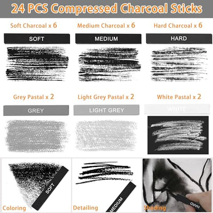 24 Pcs Compressed Charcoal Sticks, 25 Pcs Willow Charcoal Sticks Pencils for Sketching, Drawing, and Shading