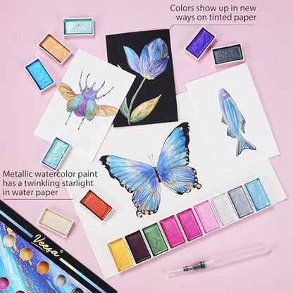 VEESA Metallic Watercolor Paint, 18 Shimmer Colors + 2 Waterbrushes