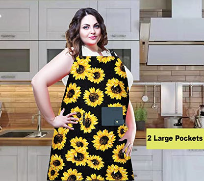 Plus Size Adjustable Bib Apron Water Resistant Canvas Extra Wide Long Ties Aprons with 2 Pockets Kitchen Cooking Gardening - color: Sunflower